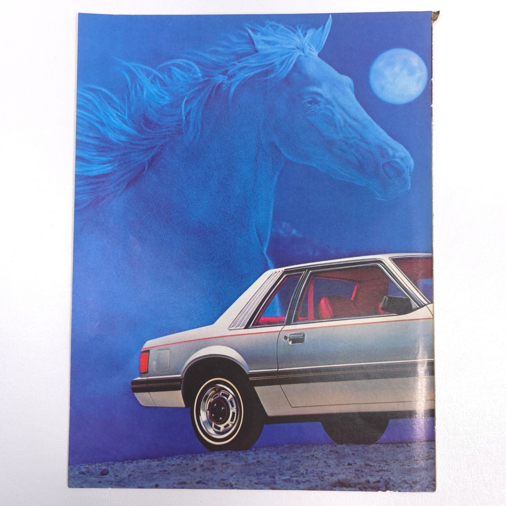 Ford Mustang Vintage Print Ad Blue Horse Artwork Moonlit Scene Retro Car Art
